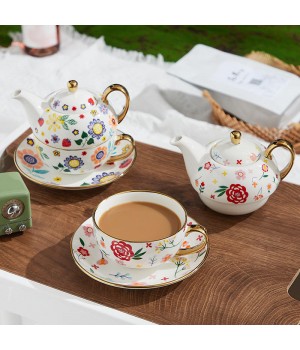 Porcelain Cup and Saucer Gift Ceramic Tea Set with Teapot for One Person Single Pot Tea for One