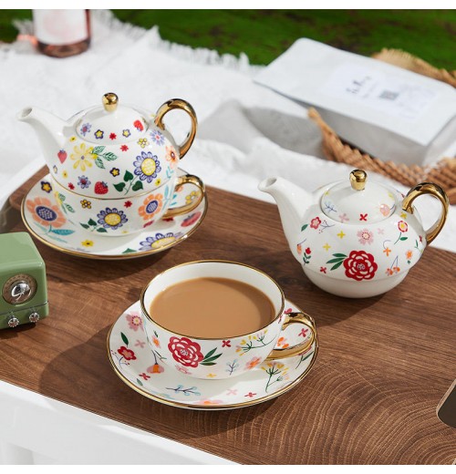 Porcelain Cup and Saucer Gift Ceramic Tea Set with Teapot for One Person Single Pot Tea for One