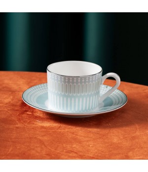 Luxury high end hotel cafe sky blue bone china coffee cups and saucers gold rim tea cup set