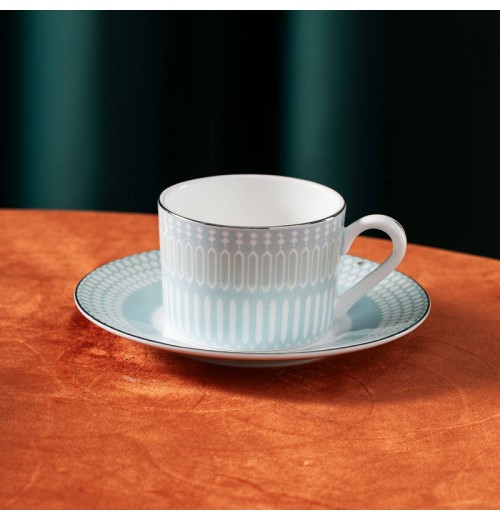 Luxury high end hotel cafe sky blue bone china coffee cups and saucers gold rim tea cup set