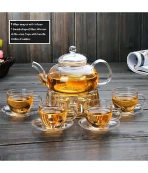 Wholesale Borosilicate Kettle Clear Glass Tea Cup Set Blooming Tea Maker Teapot Glass Tea Pot Set With Infuser Warmer