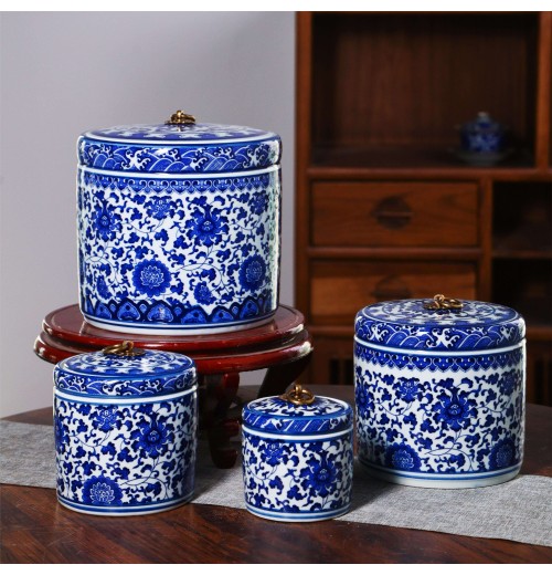 Handmade Chinese Blue and White Flower Pattern Copper Ring Cover Porcelain Ceramic Tea Pot and Vase