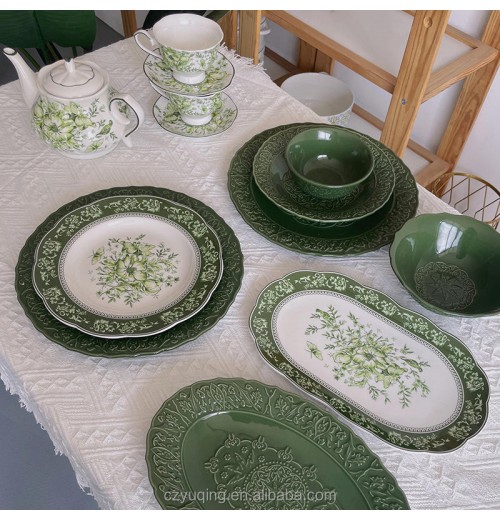 Luxury Classic French Retro Dark Green Porcelain Charger Creative Round Dinnerware Set Weddings Includes Dish Coffee Cup Teapot