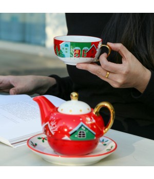 Christmas Custom Design Tea for One Teapot Set Ceramic White Porcelain Teapot and cup Set