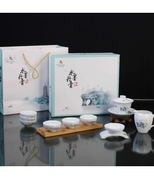 New Chinese Style 10 Piece Set of Water Ink and Green Three Talents Gaiwan Set for Kungfu Tea Ceramic Teacup Set