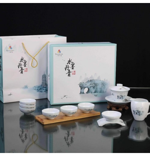 New Chinese Style 10 Piece Set of Water Ink and Green Three Talents Gaiwan Set for Kungfu Tea Ceramic Teacup Set