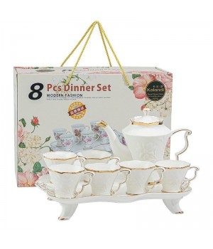 Luxury European Style White Color 8pcs Porcelain Coffee Tea Set With Gold Plated Ceramic Tea Pot and Cup Set