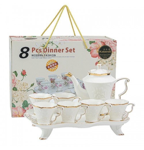 Luxury European Style White Color 8pcs Porcelain Coffee Tea Set With Gold Plated Ceramic Tea Pot and Cup Set