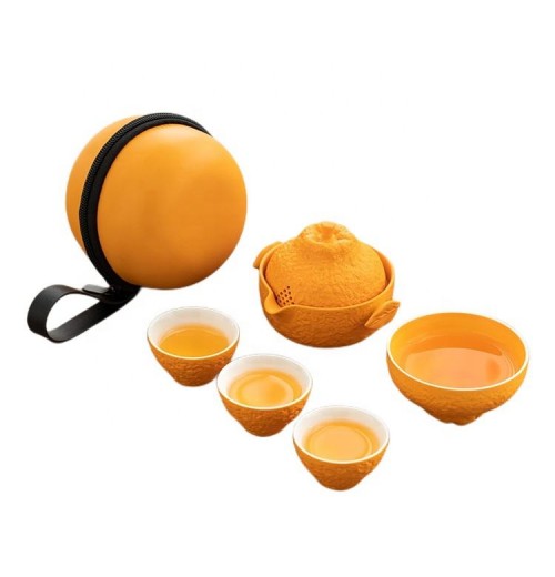 Portable Ugly Orange Outdoor Travel Ceramic Tea Set Quick Cup One Pot Four Cups Teapot Business Gift