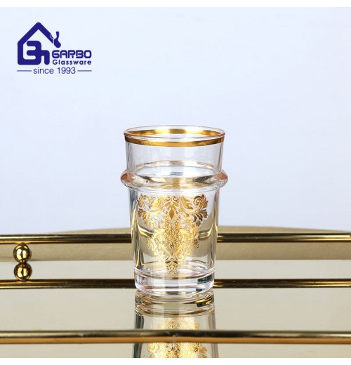 Arabic Style Golden Decal Tea Glass Cup 130ml Gold Rim Drinking Glass Teapot and Cup Set of 7pcs Gift Promotion Teacup Set